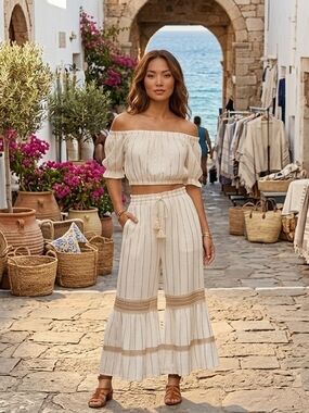 NWT Boho Ivory & Gold Metallic Stripe 2-Piece Set - Crop Top & Wide Leg Pants
